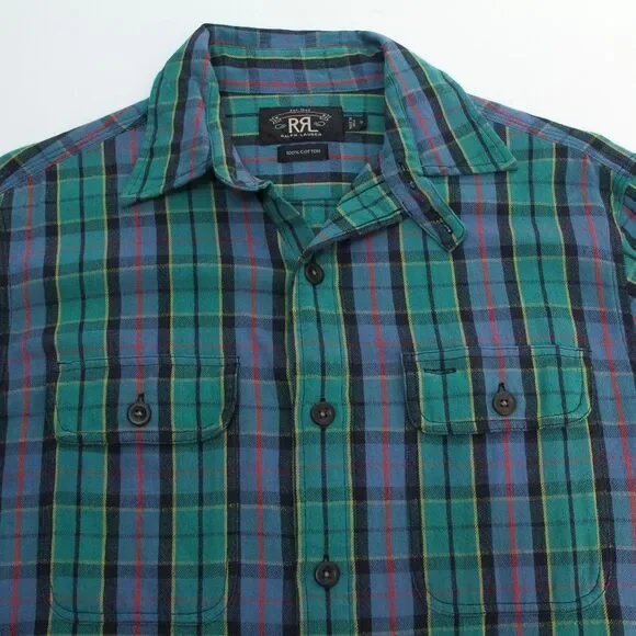RRL Double Ralph Lauren Cotton Green/Blue Multi Plaid Button Down Shirt, Small - Picture 2 of 12